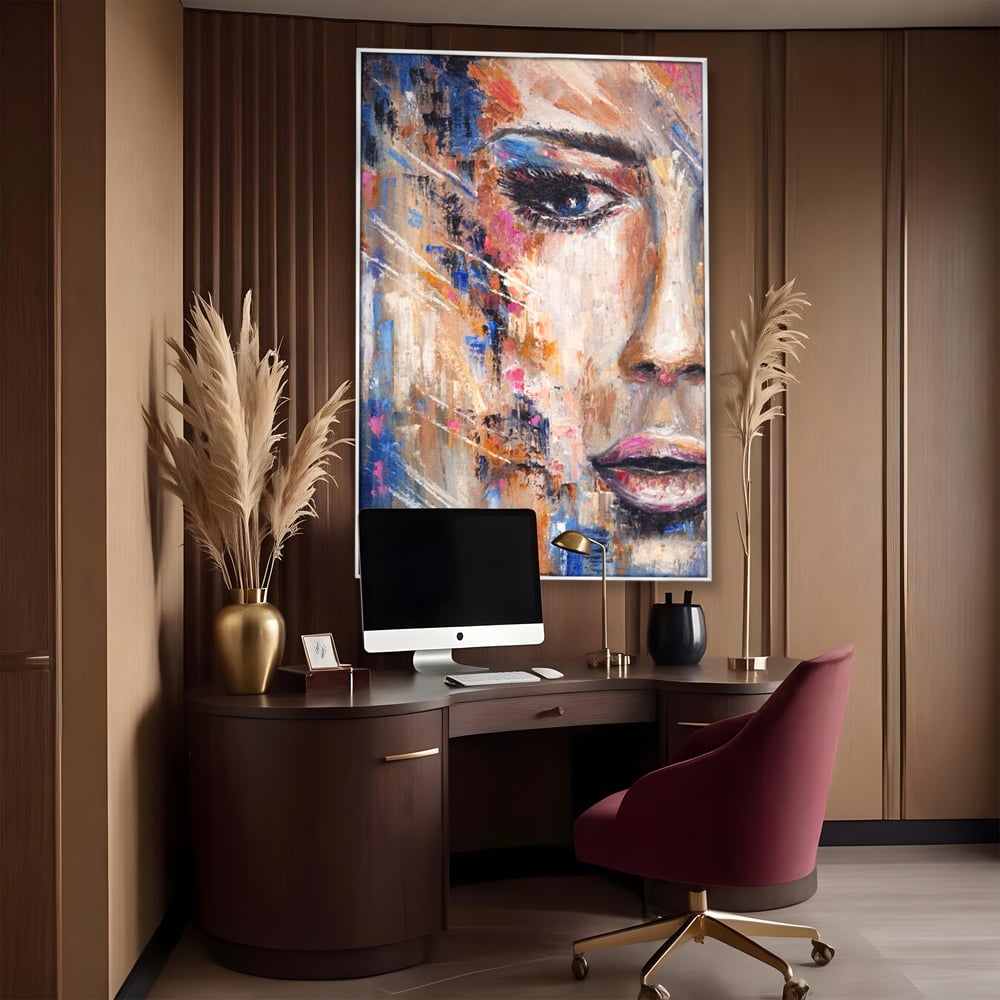 Tablou canvas cu pictura chip de femeie, in rama de aluminiu argintiu, pe perete intr-un birou